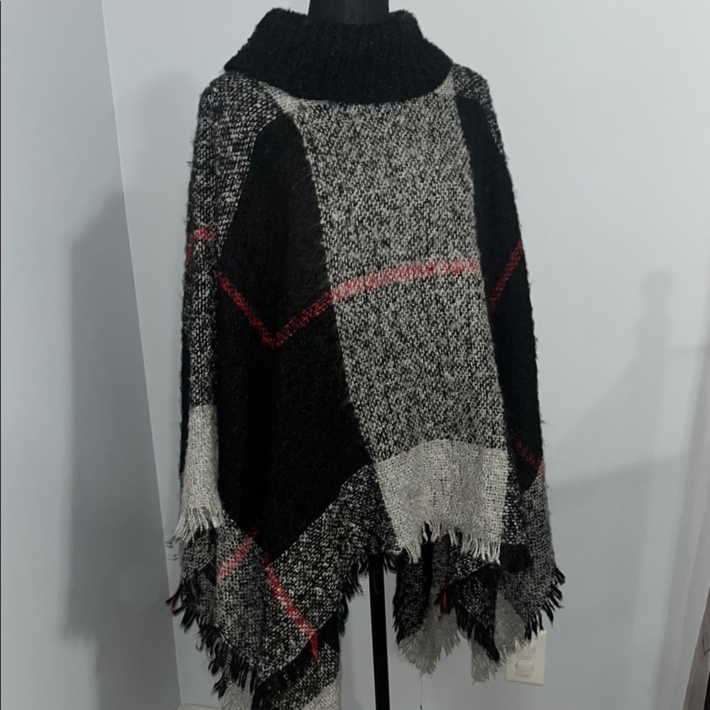 Women's Black and Gray Turtleneck Poncho Sweater
